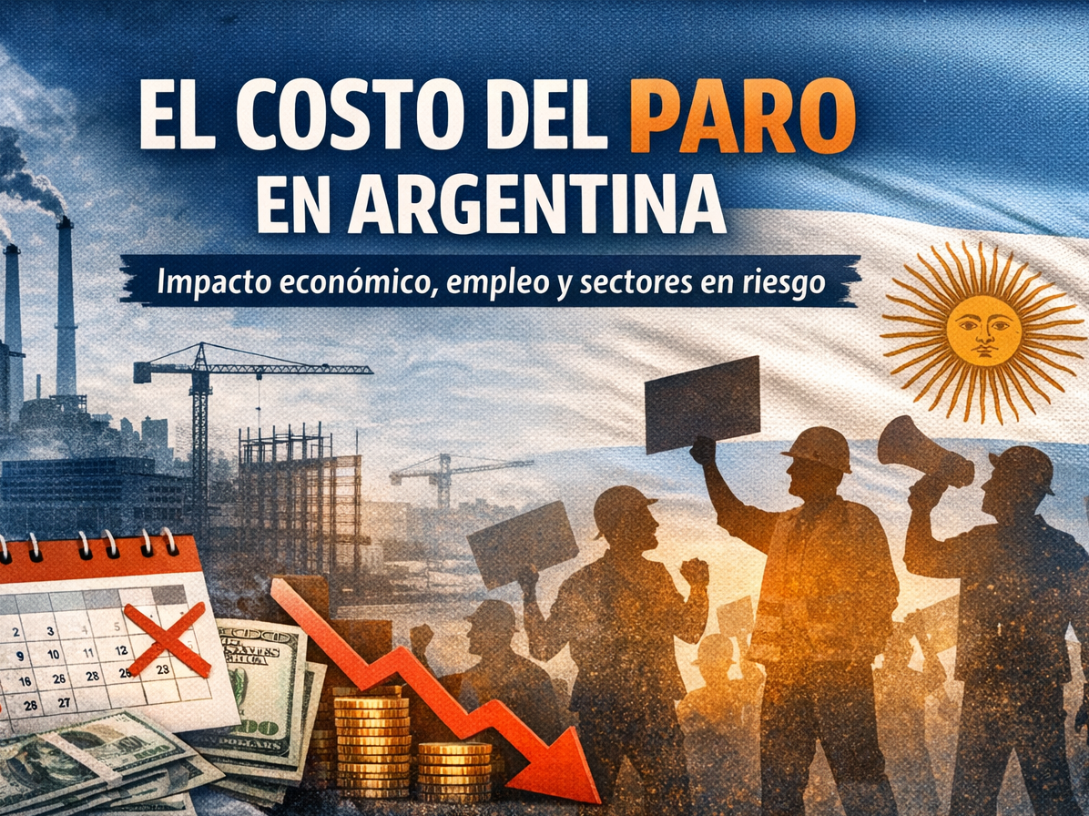 Impacto económico del paro en Argentina con industrias, trabajadores y caída financiera representando pérdidas en empleo y producción
